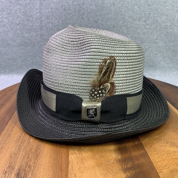 Stacy Adams XL Grey Black Crushable Straw‎ Hamburg Fedora Hat & Feather Men - Picture 1 of 16